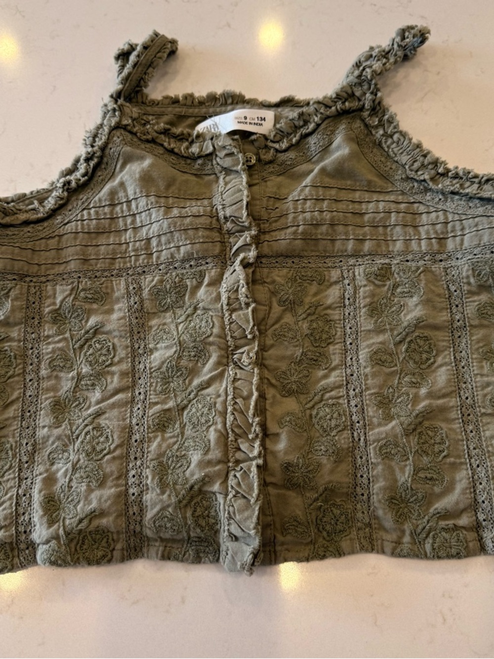 Zara Olive Embroidered Ruffle-Trim Tank Top